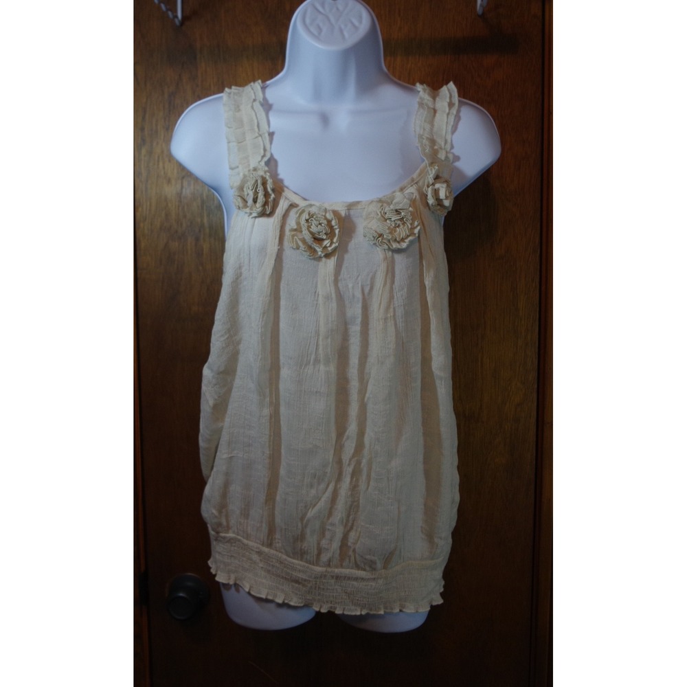 Millenium‎ Women Cream Floral Rosette Smocked Hem Sleeveless Blouse Top Large